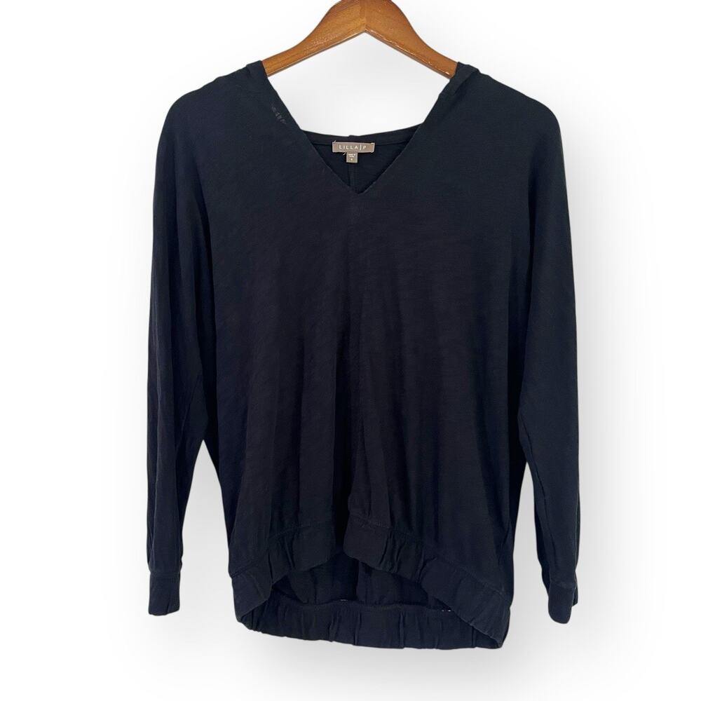 Lilla P Black Cotton Slub Hoodie S Lightweight Dolman Sleeve Minimalist Travel